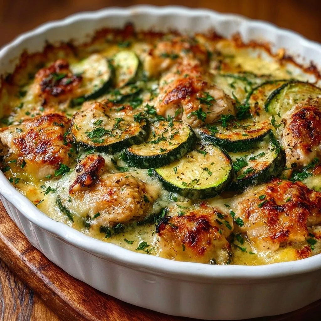 A delicious easy chicken zucchini bake served in a casserole dish