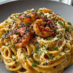 Creamy shrimp linguine served in a bowl with herbs and Parmesan cheese.