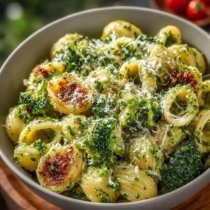 Easy healthy broccoli pasta dish with green vegetables and pasta on a plate