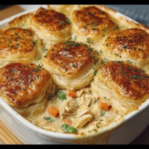 Easy homemade chicken pot pie casserole served in a baking dish