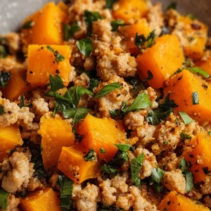 Easy roasted butternut squash with ground turkey dish on a plate