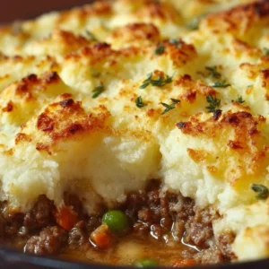 Delicious easy Shepherd's Pie casserole topped with golden mashed potatoes.