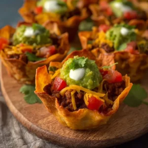 Easy taco cups filled with seasoned meat and toppings in a crispy cup