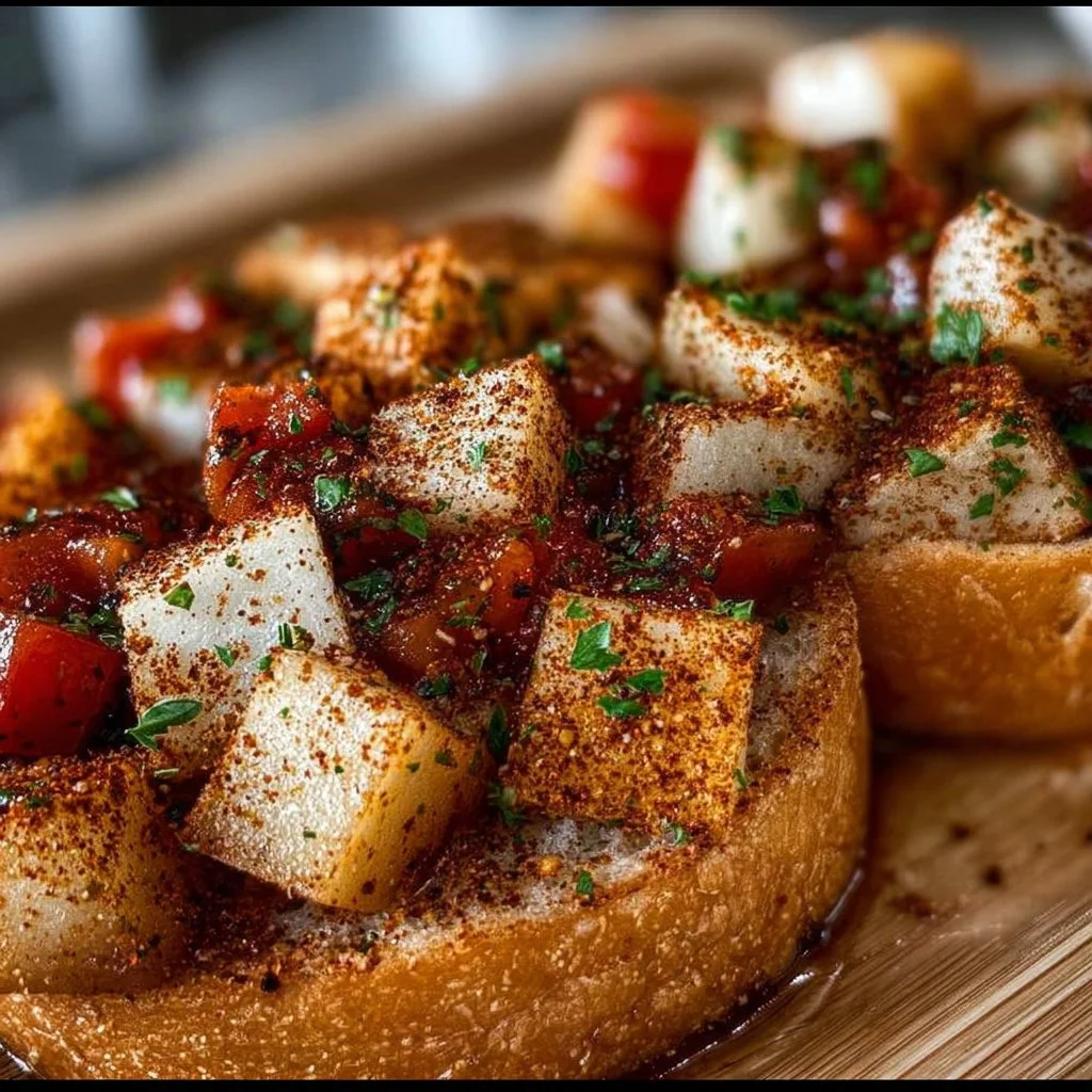 Delicious fall bruschetta topped with seasonal ingredients like pumpkin and herbs.