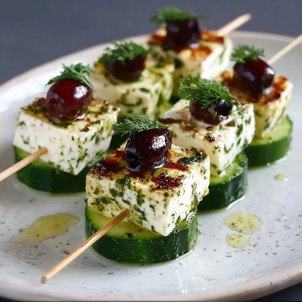 Feta skewers with cucumber ready for serving, a delicious appetizer