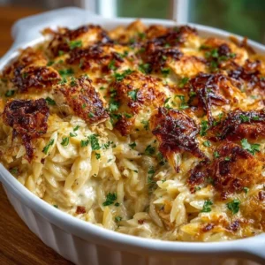 Delicious French onion chicken orzo casserole topped with melted cheese and herbs.