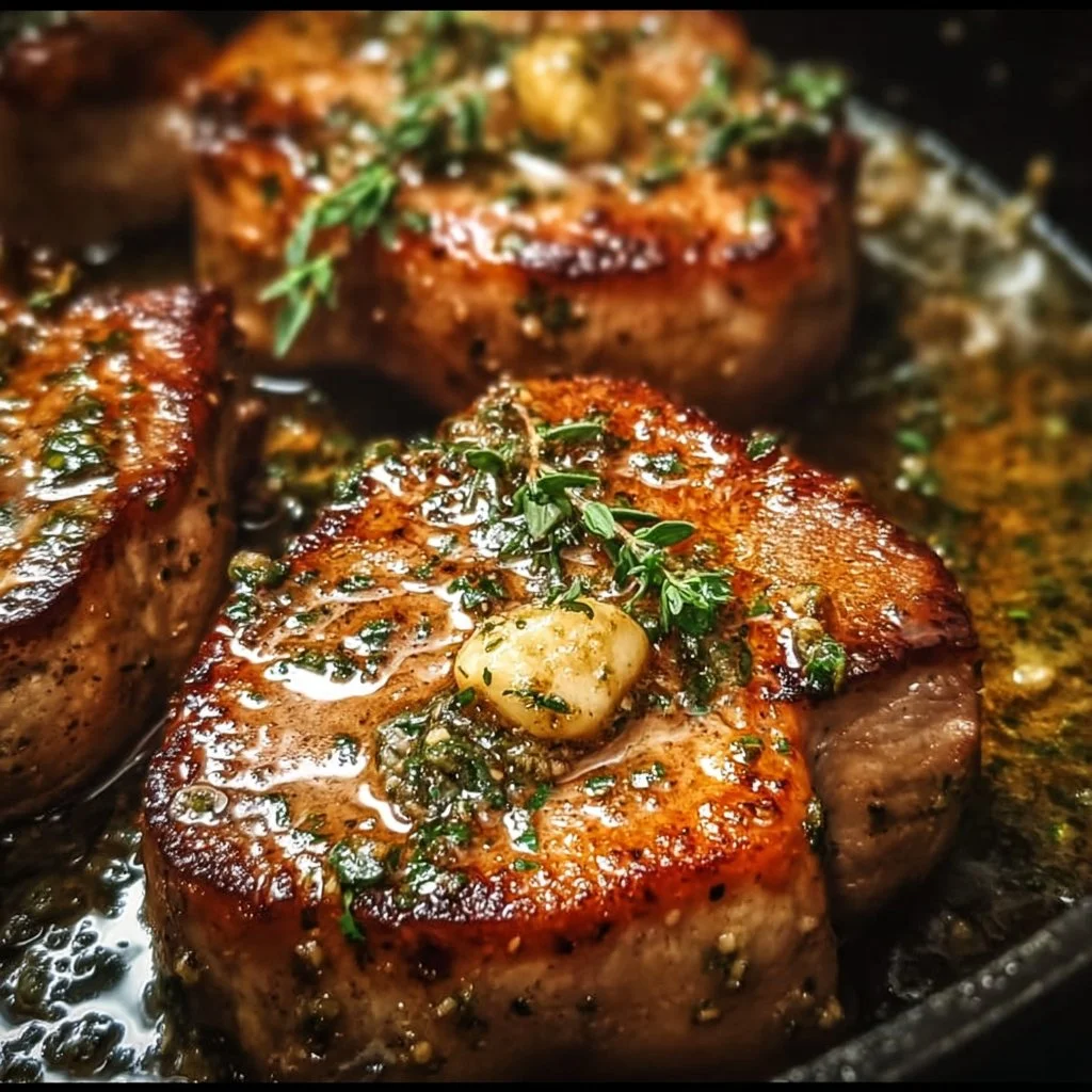 Garlic butter pan-seared pork chops on a plate with herbs