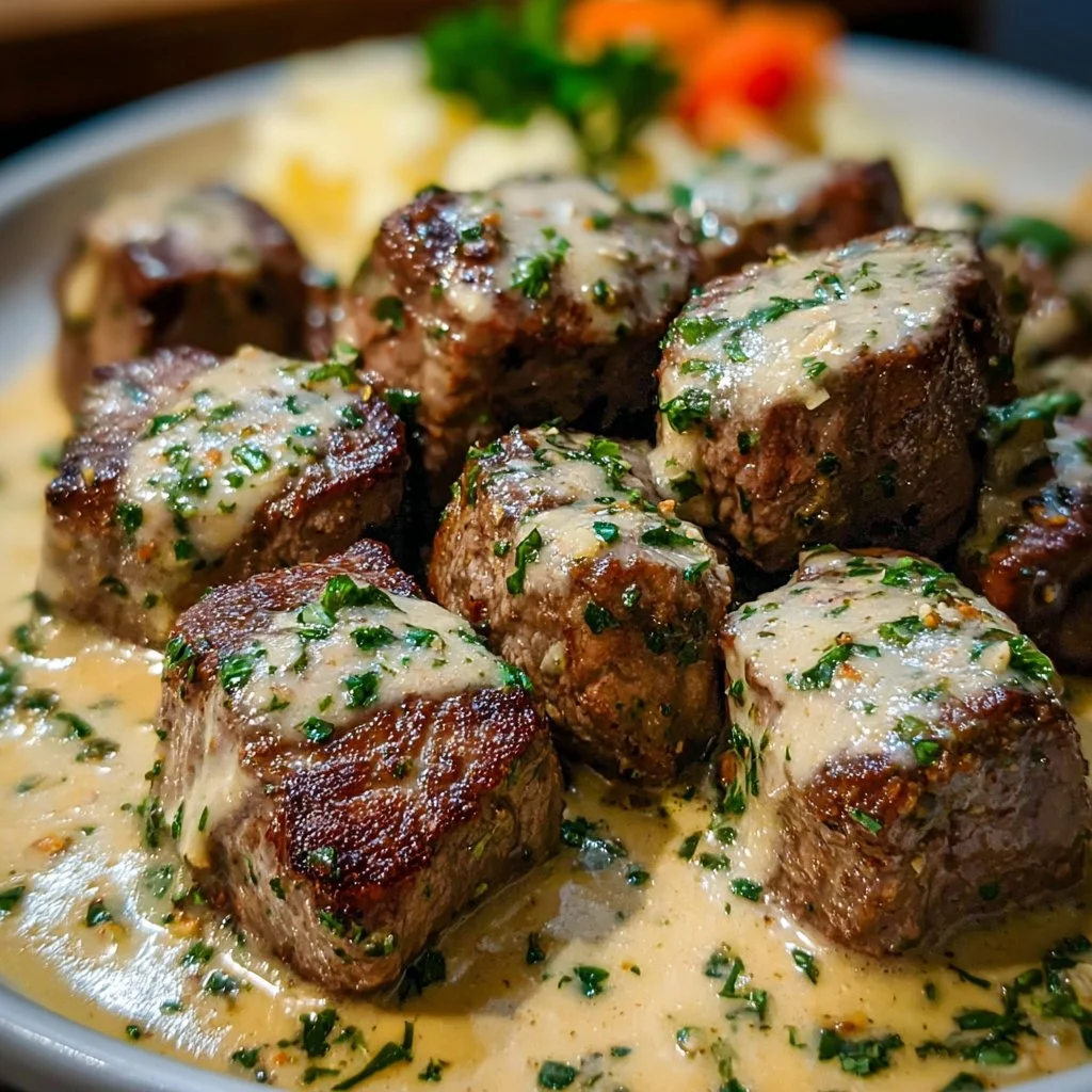 Garlic Butter Steak Bites topped with Parmesan Cream Sauce