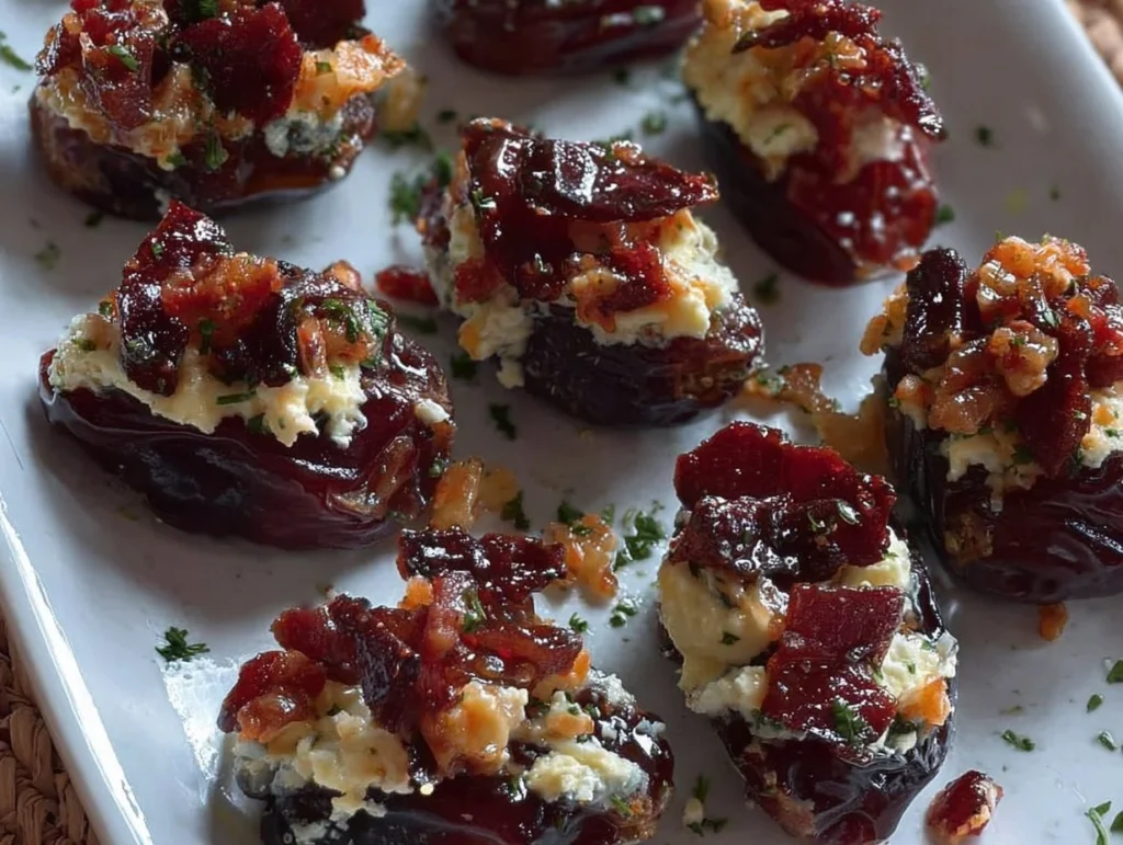 Bowl of goats cheese stuffed dates garnished with herbs