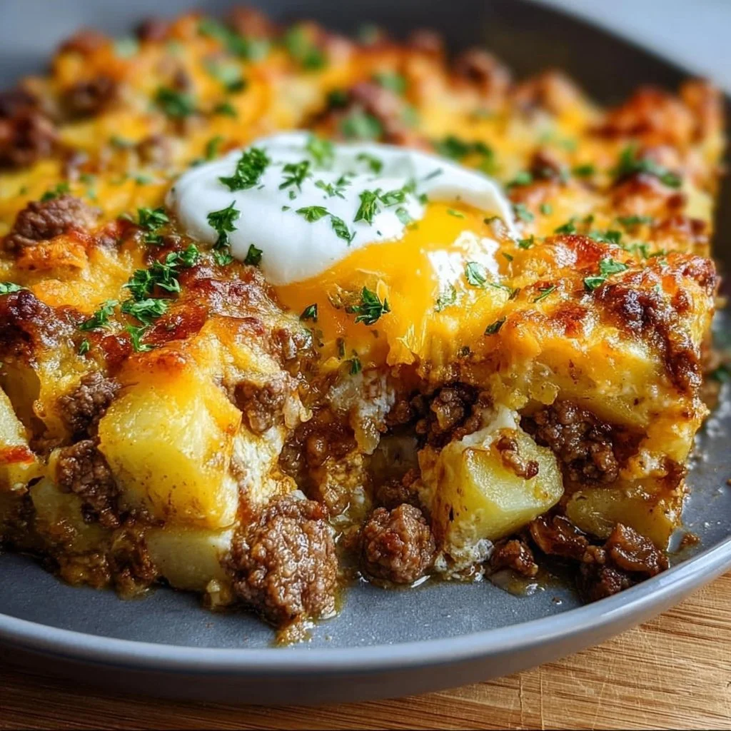 Ground beef and potatoes casserole in a baking dish, ready to serve.