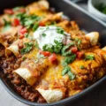 Plate of cheesy ground beef enchiladas topped with salsa and cilantro