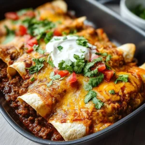 Plate of cheesy ground beef enchiladas topped with salsa and cilantro