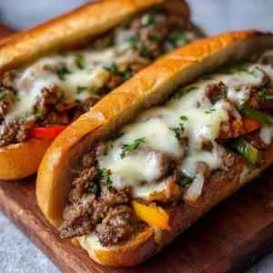 Delicious Ground Beef Philly Cheesesteaks with melted cheese and fresh toppings
