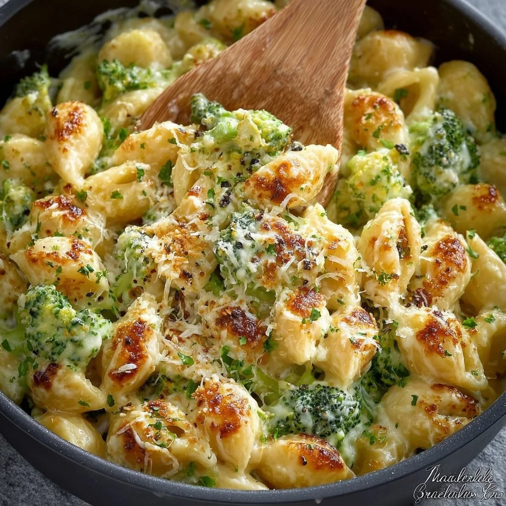 Healthy broccoli mac and cheese dish with steamed broccoli and creamy sauce
