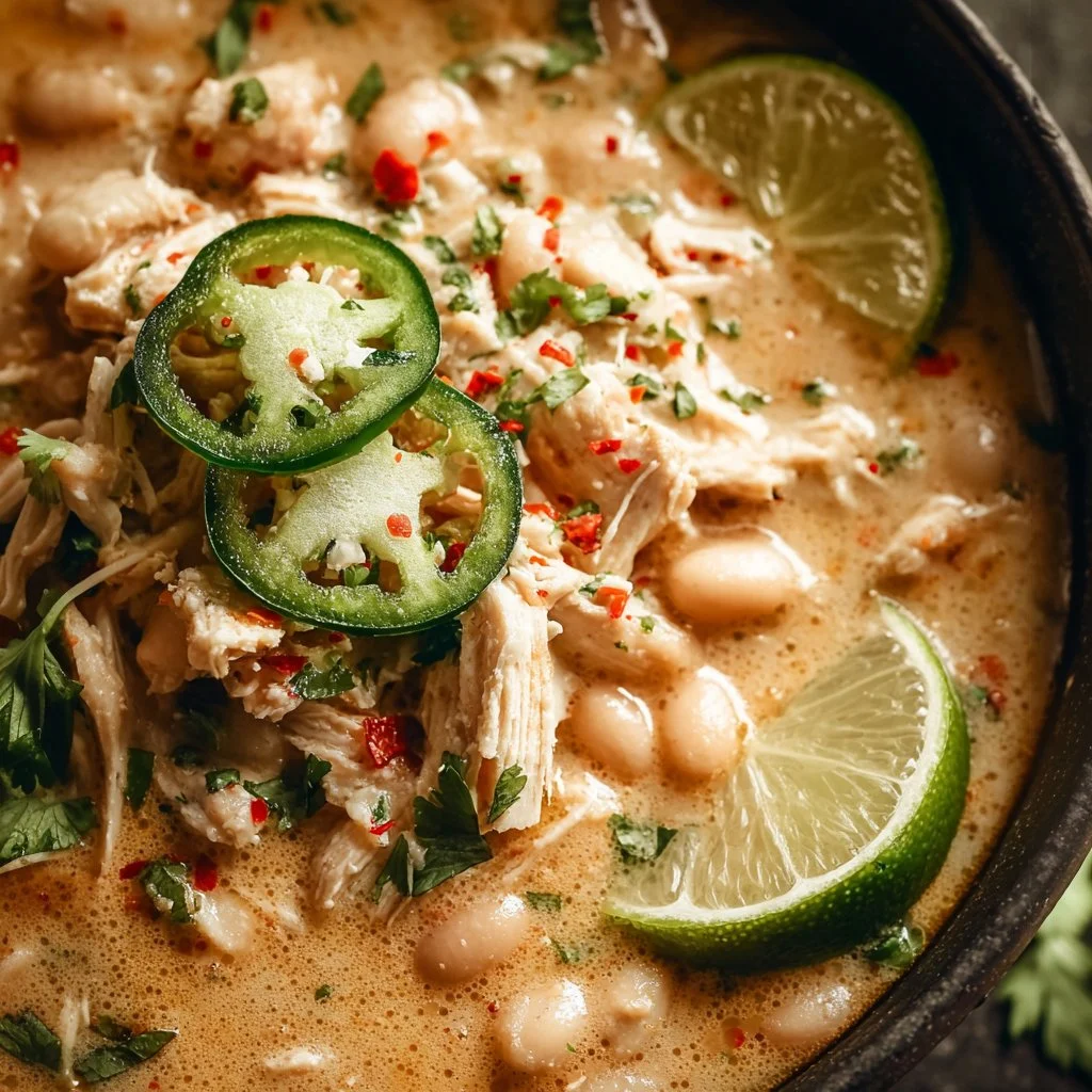 Healthy high protein white chicken chili in a bowl with toppings