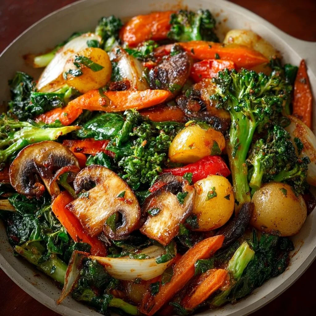 Colorful sautéed vegetables in a skillet, healthy and nutritious side dish.