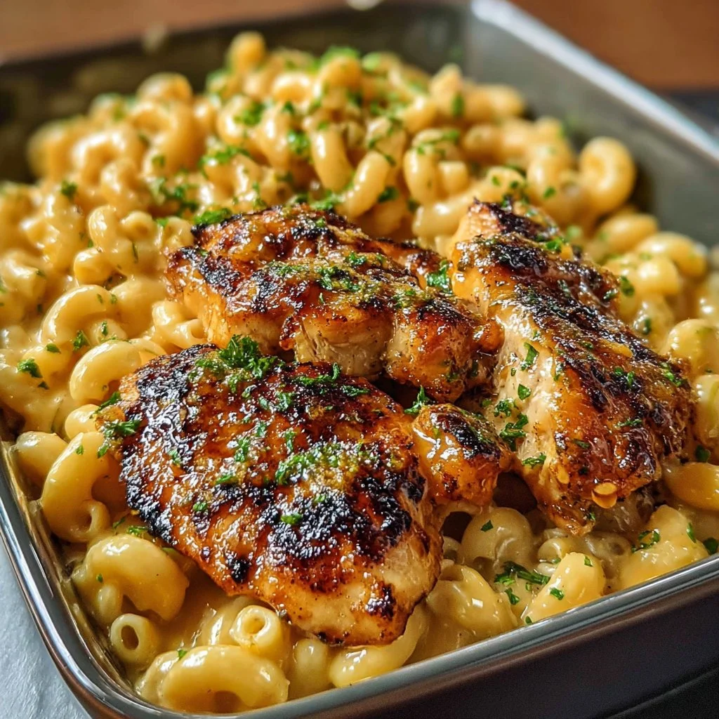 Delicious Honey Garlic Butter Chicken served with creamy mac & cheese