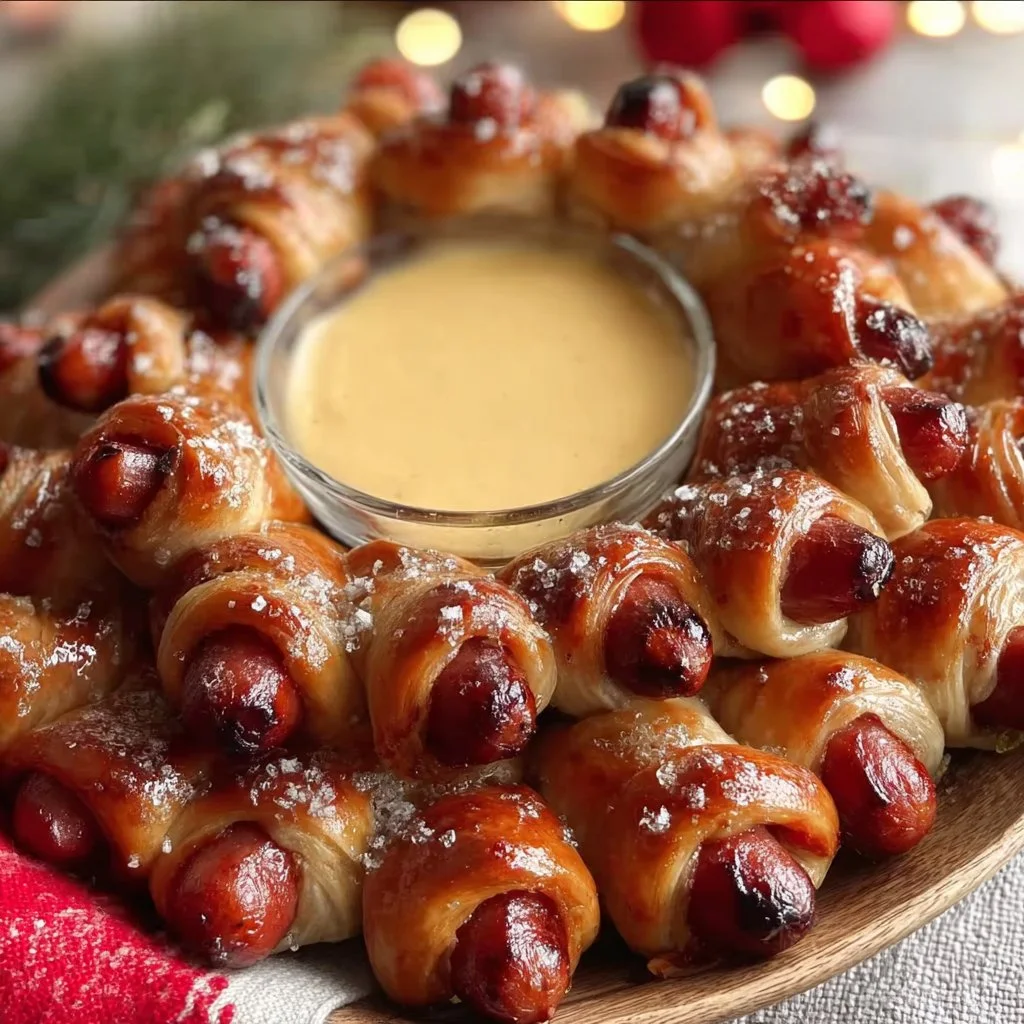 Festively arranged Holiday Pigs in a Blanket served at a holiday party