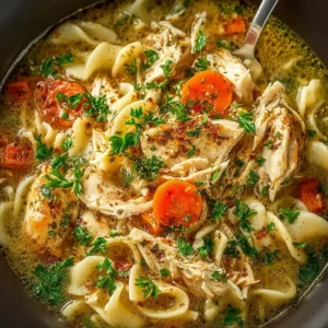 Bowl of homestyle chicken noodle soup with fresh vegetables and herbs.