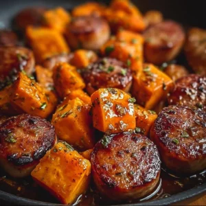Honey garlic sausage served with roasted sweet potatoes