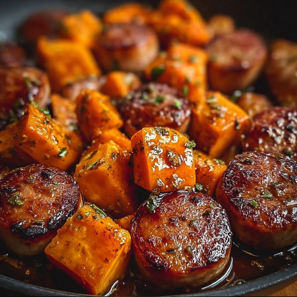 Honey garlic sausage served with roasted sweet potatoes