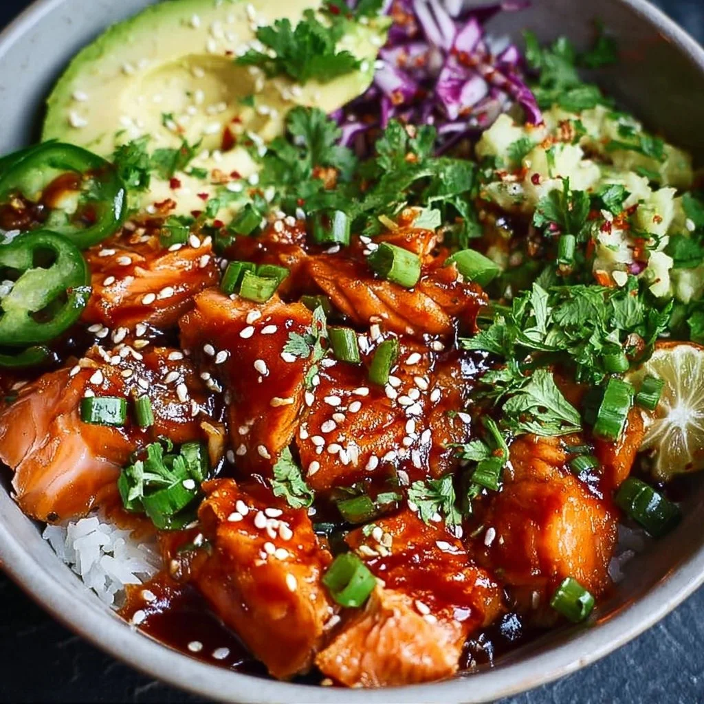 Honey Sriracha Salmon bowl with vibrant vegetables and rice