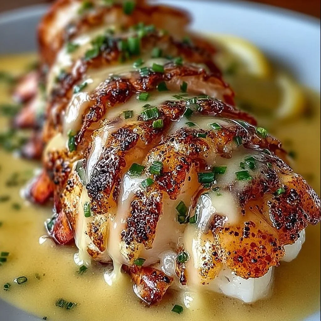Delicious creamy garlic butter lobster tails served on a plate.