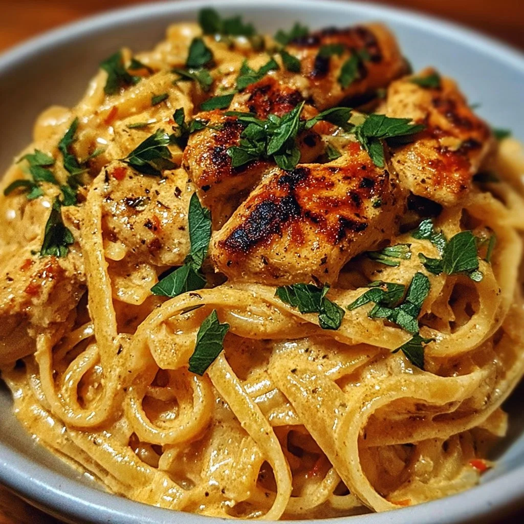 Easy Cowboy Butter Chicken Linguine served in a bowl with herbs