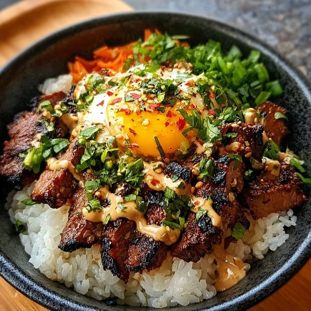 Korean BBQ steak rice bowls with fresh vegetables and savory sauce