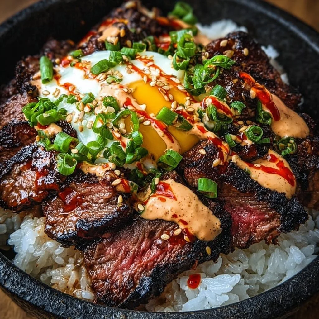 Korean BBQ steak rice bowl with vibrant vegetables and delicious garnishes