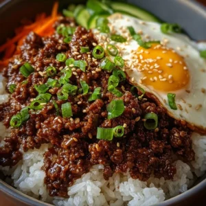 Delicious Korean Ground Beef Bowl topped with fresh vegetables