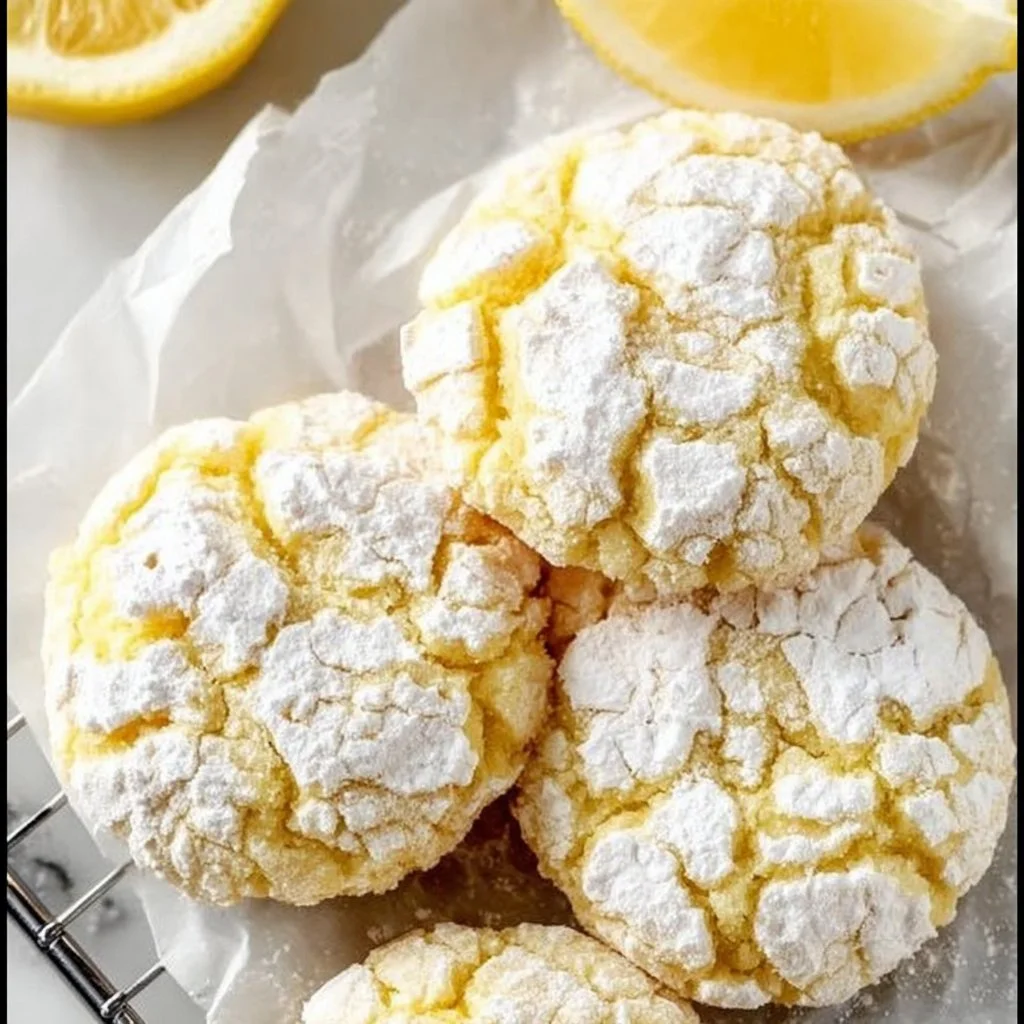 Freshly baked Lemon Crinkle Cookies with powdered sugar on top