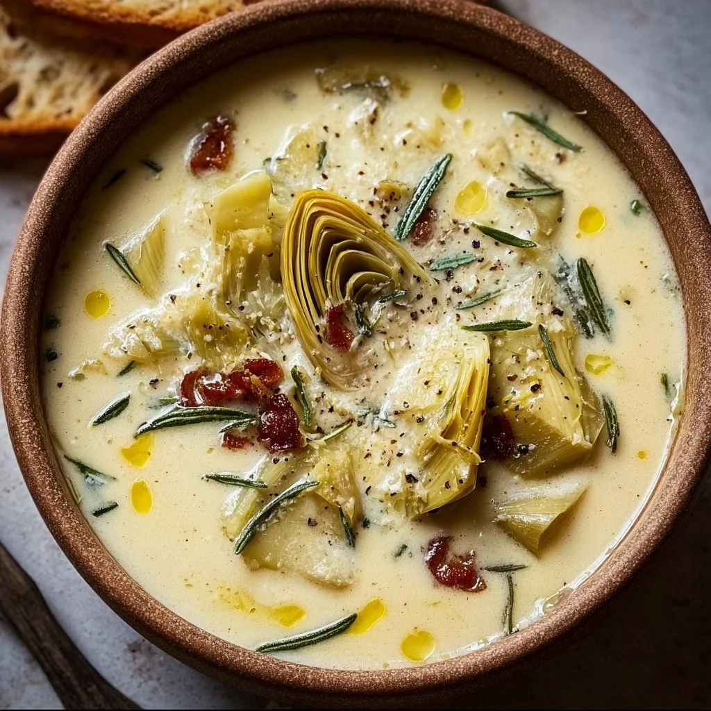Bowl of Lemony Tuscan Artichoke Soup topped with fresh herbs and lemon zest
