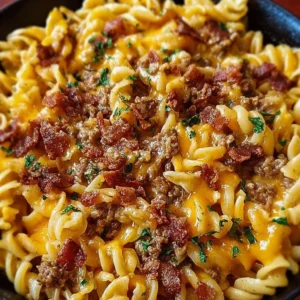 Delicious Loaded Bacon Cheeseburger Pasta topped with savory bacon and cheese.