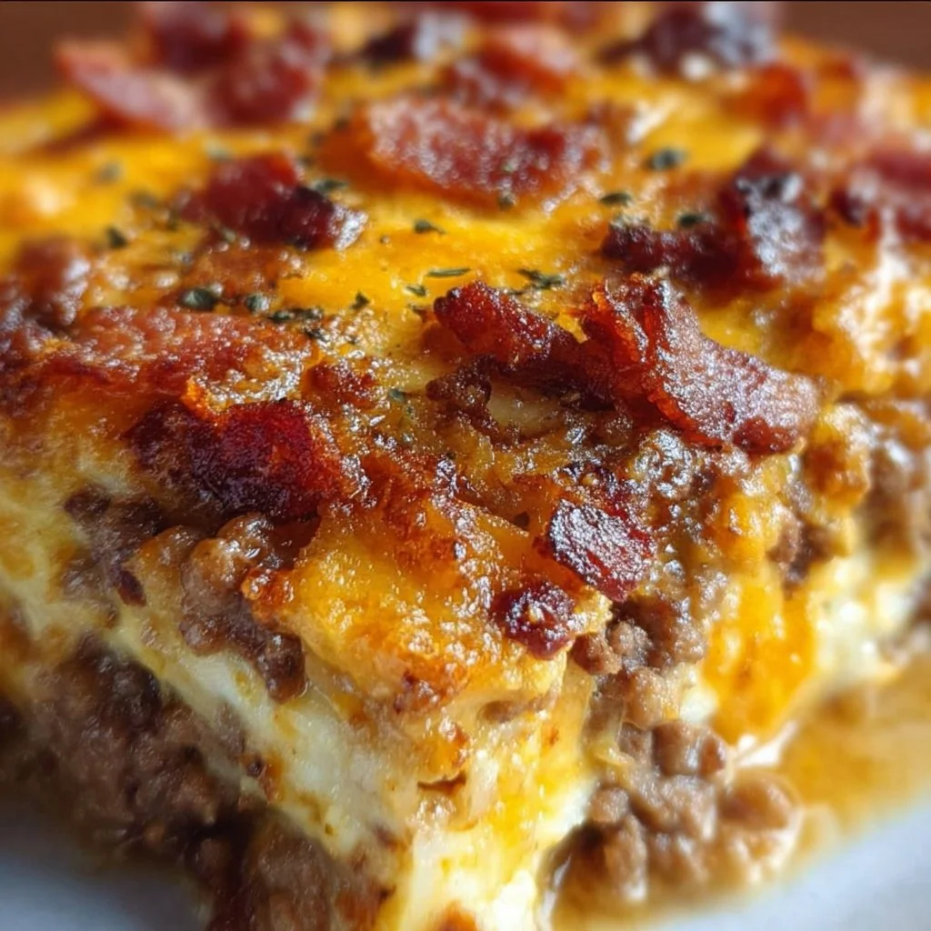 Delicious low-carb bacon cheeseburger casserole topped with cheese and bacon