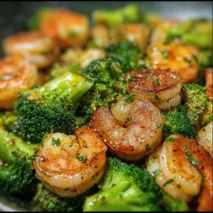 Low carb shrimp and broccoli dish served on a plate