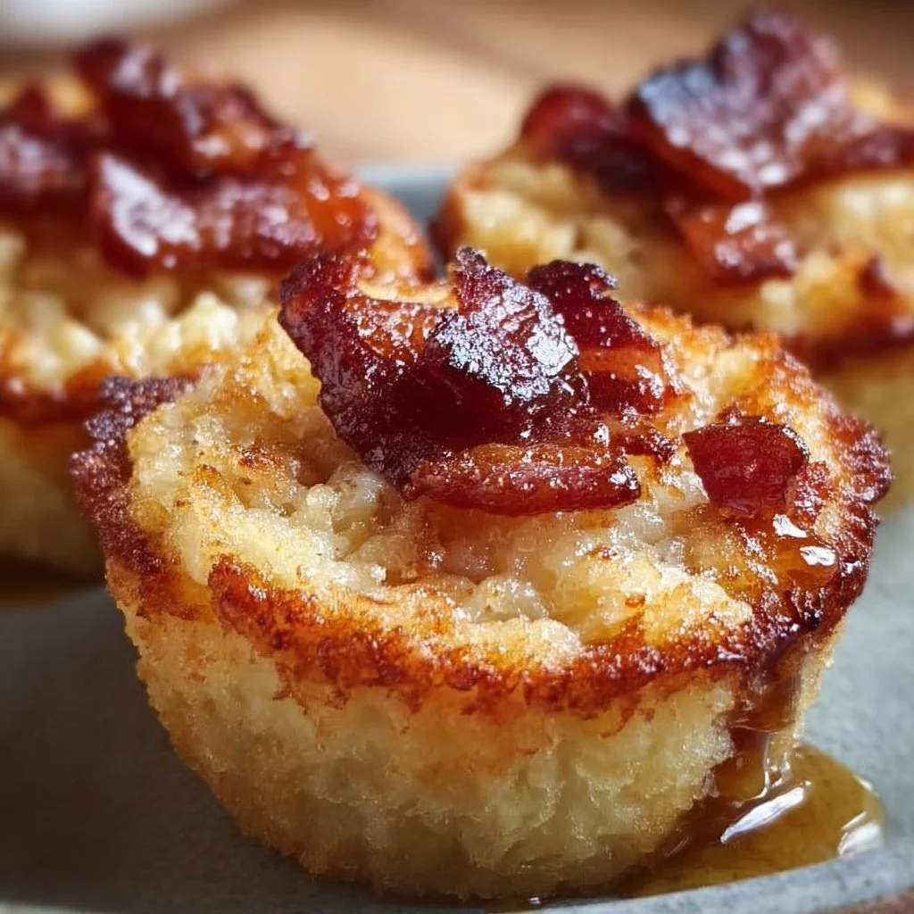 Maple Bacon Pancake Muffins displayed on a plate with syrup drizzle