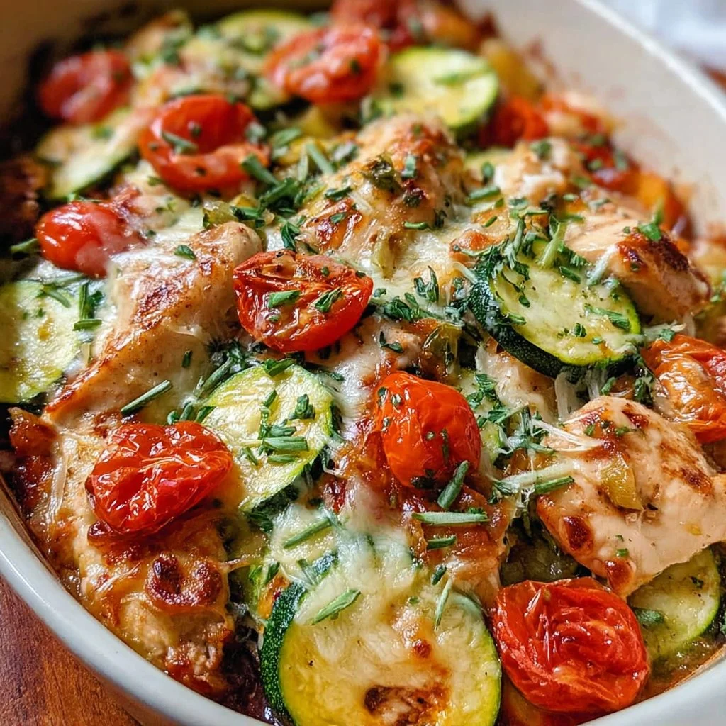 Mediterranean Chicken Zucchini Bake with vibrant veggies in a baking dish