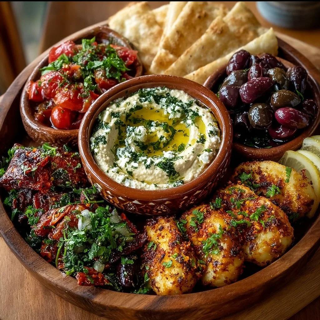 Mediterranean mezze tapas platter with dips, olives, and fresh vegetables.