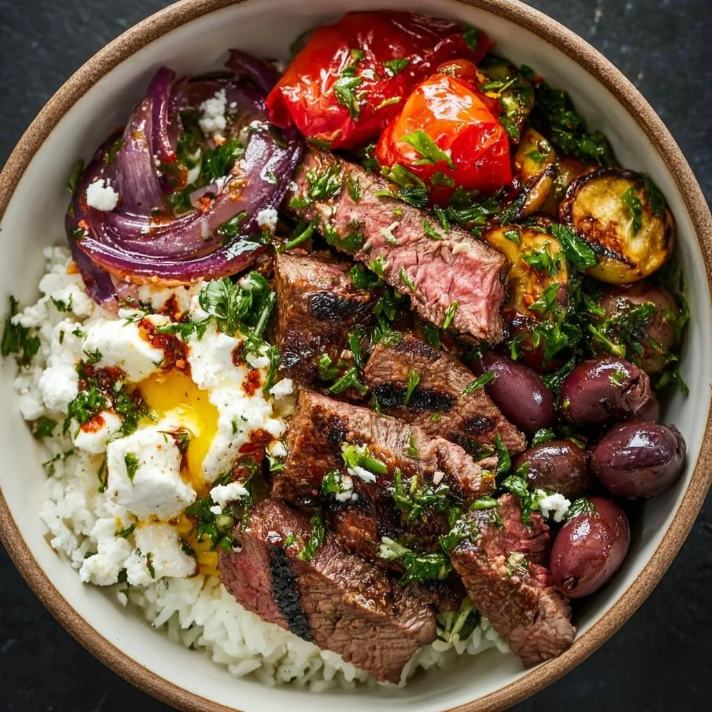 A Mediterranean steak bowl filled with grilled steak, veggies, and flavorful sauces.