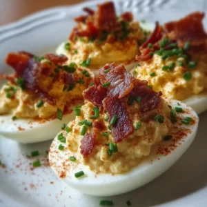 Million Dollar Bacon Deviled Eggs topped with crispy bacon and spices