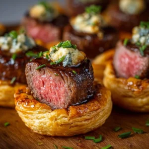 Mini Beef Wellington Bites served on a platter garnished with herbs