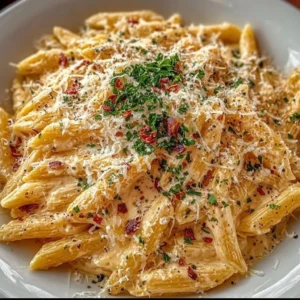 A bowl of delicious creamy garlic pasta topped with herbs and grated cheese.