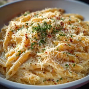 One Pot Creamy Garlic Pasta dish with rich sauce and herbs in a bowl