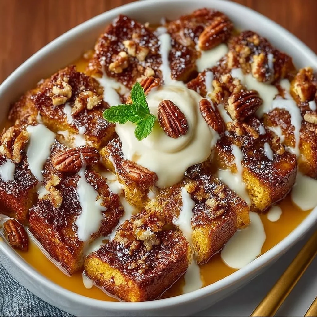 Delicious Overnight Pumpkin French Toast Casserole ready to serve