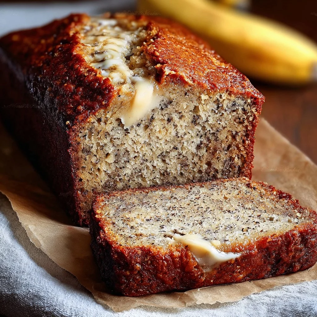 Delicious slice of Paula Deen's banana bread on a wooden table