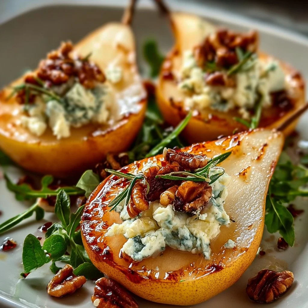 Pears and Blue Cheese Salad with walnuts and mixed greens on a plate