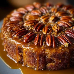 Delicious Pecan Upside Down Cake with caramelized pecans on top