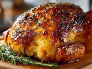 A perfectly roasted turkey served on a festive table.