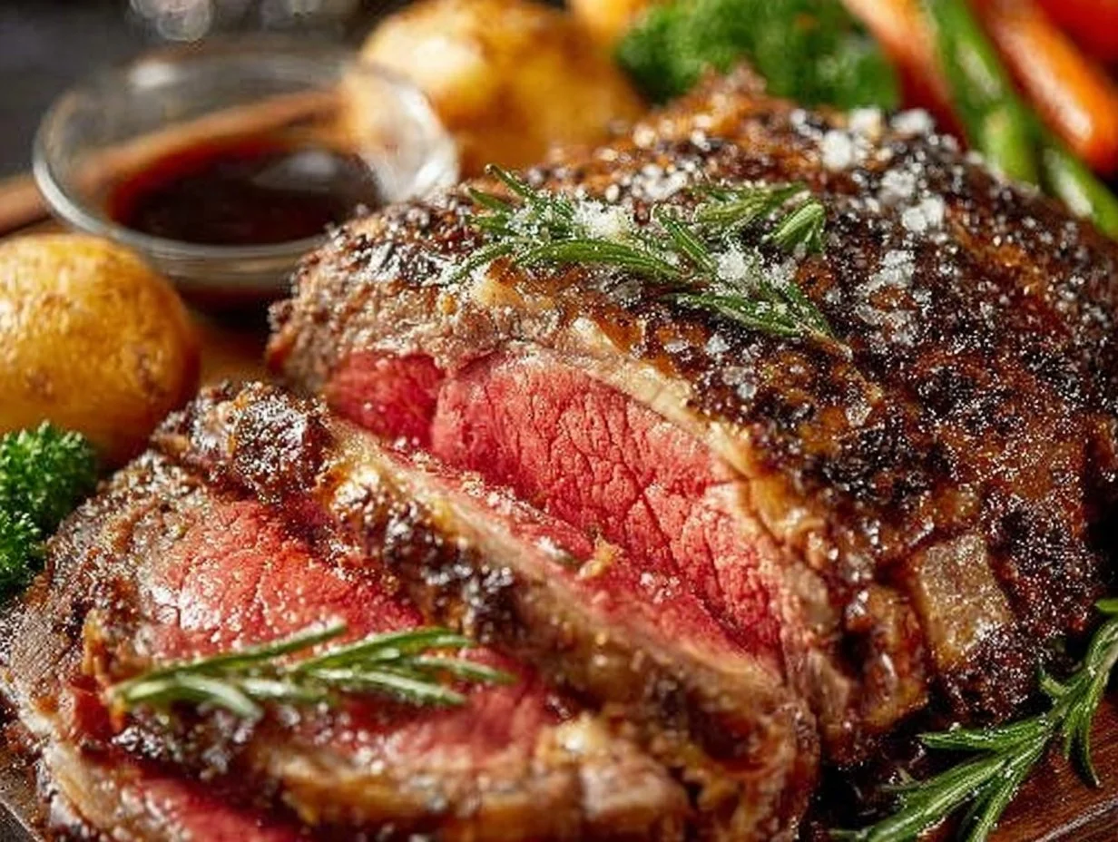 Succulent roast beef on a platter, perfect for Sunday dinner.